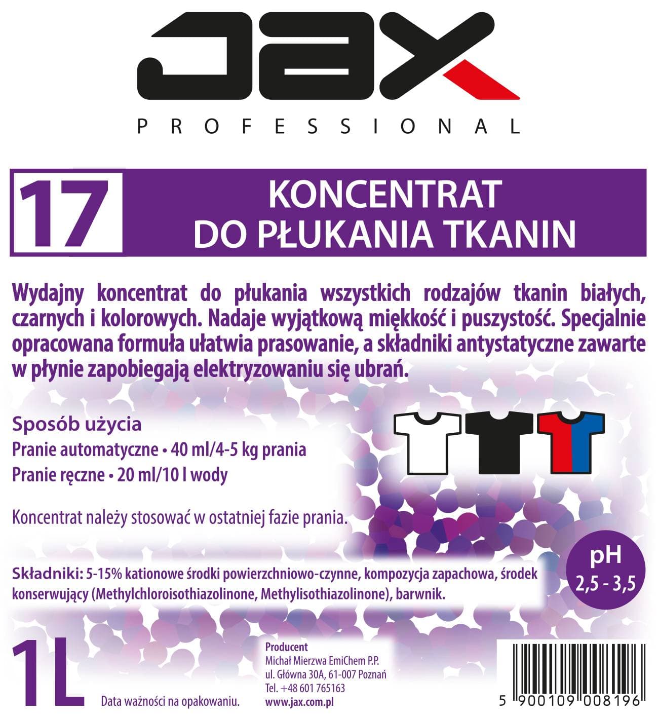 KONCENTRAT DO PŁUKANIA TKANIN JAX PROFESSIONAL 17 1l