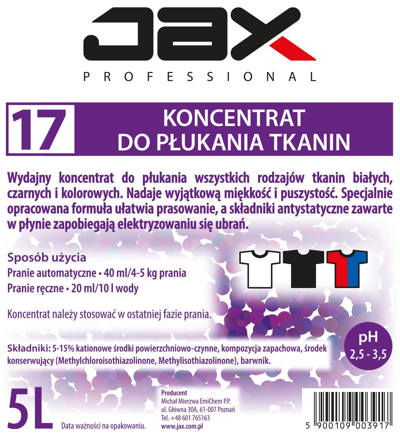 KONCENTRAT DO PŁUKANIA TKANIN JAX PROFESSIONAL 17 5l