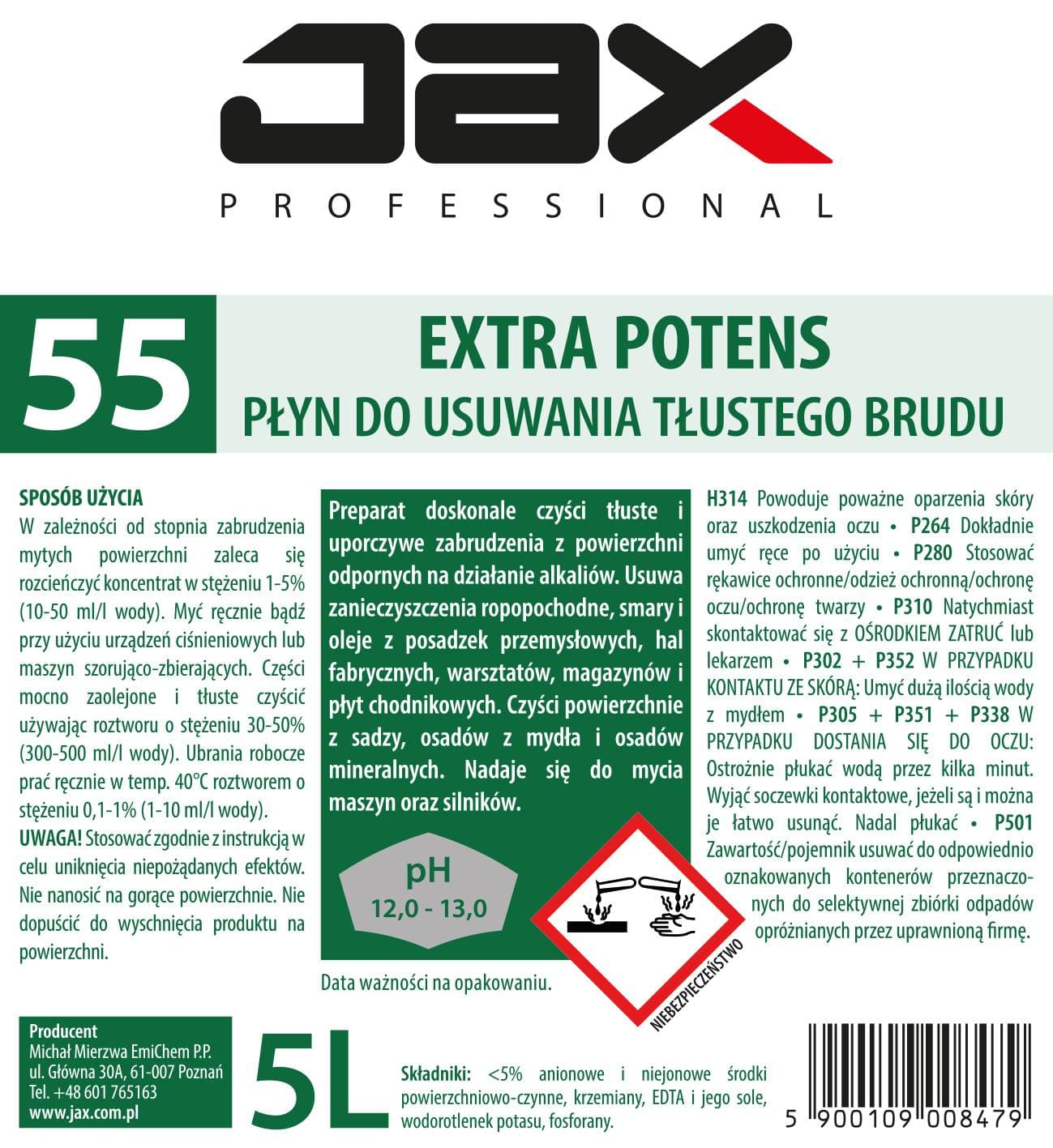EXTRA POTENS PREPARAT DO USUWANIA TŁUSTEGO BRUDU JAX PROFESSIONAL 55 5l