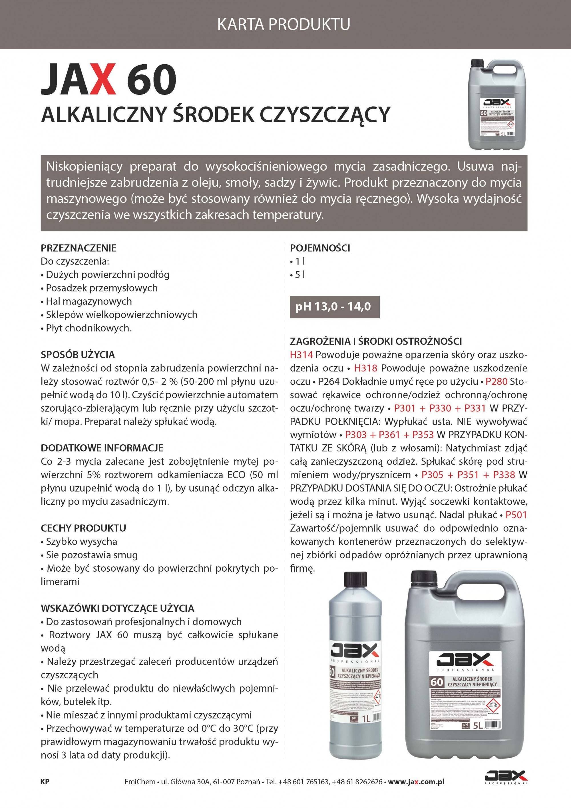 ALKALICZNY ŚRODEK CZYSZCZĄCY NIEPIENIĄCY JAX PROFESSIONAL 60 1l