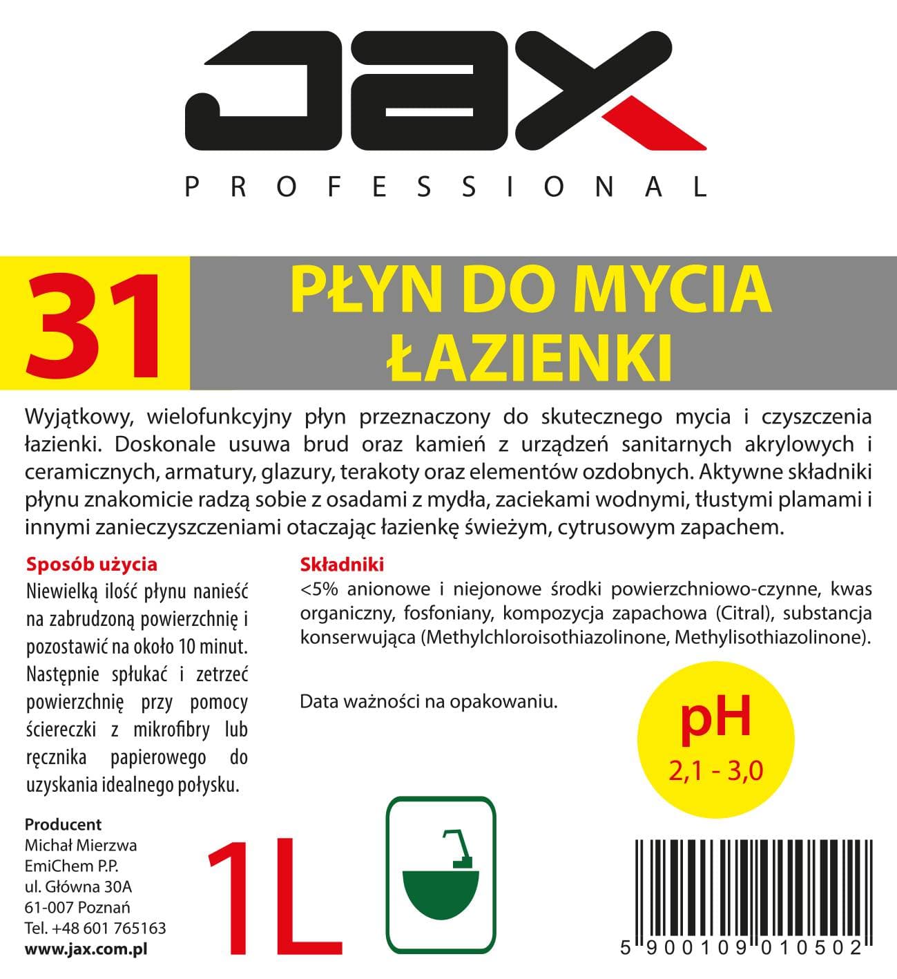 PŁYN DO MYCIA I PIELĘGNACJI ŁAZIENKI JAX PROFESSIONAL 31 1L