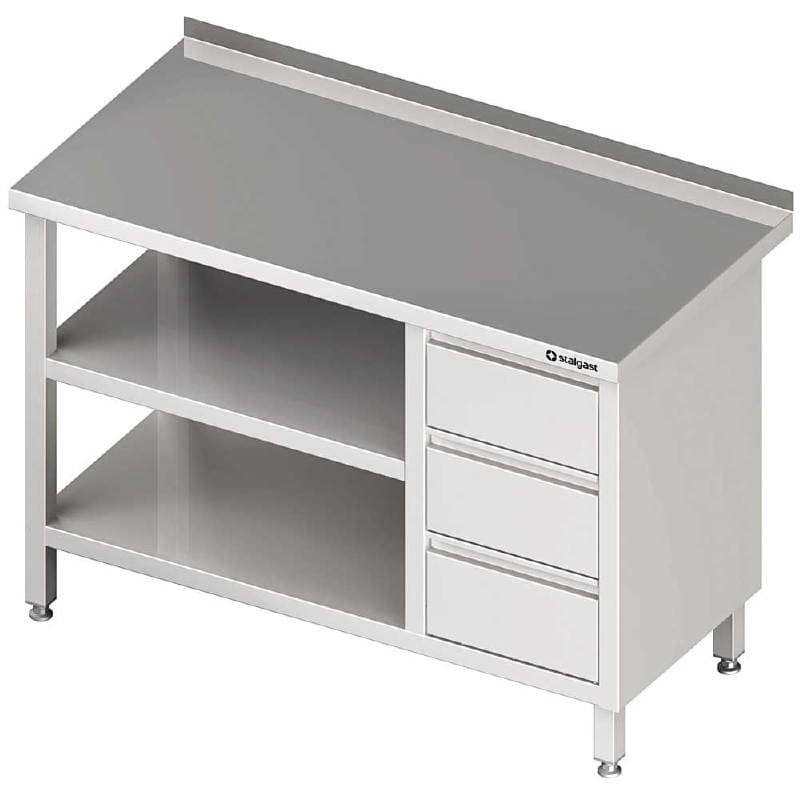 Stół przyścienny z blokiem trzech szuflad (P),i 2-ma półkami 1200x700x850 mm